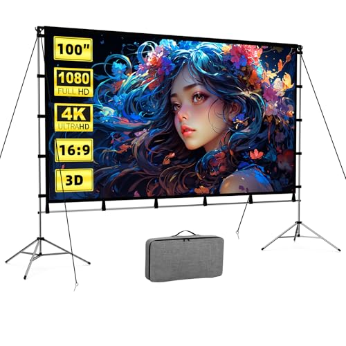 100 Inch Projector Screen with Stand, Movie Projector Screen Indoor/Outdoor Front/Rear 16:9 4K HD with Carry Bag, Movie Screen for Home, Backyard, Camping Theater - color: Sliver Stand, size: 100 Inch