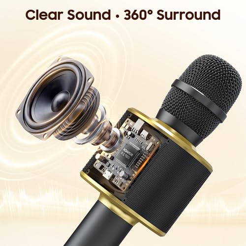 BONAOK Bluetooth Karaoke Microphone, Wireless Mic for Kids Adults to Sing - color: Black Gold