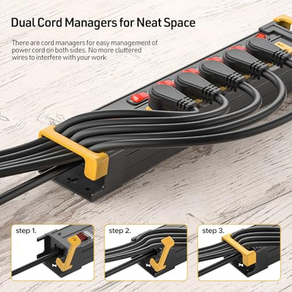 CRST 6-Outlet Metal Power Strip with Individual Switches 15A/1875W, 15FT - color: Black+Yellow, size: 6 Outlet-15FT