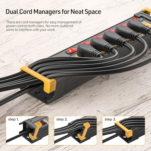 CRST 6-Outlet Metal Power Strip with Individual Switches 15A/1875W, 10FT - color: Black+Yellow, size: 6 Outlet-10FT
