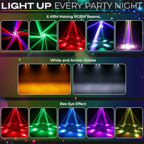 150W 6-Arm Spider Bee-Eye Moving Head LED DJ Light | 4-in-1: 6 moving RGBW beams, 4 center bee-eye wash lights, R/G starry laser, white/amber strobe, sound active, 24CH DMX