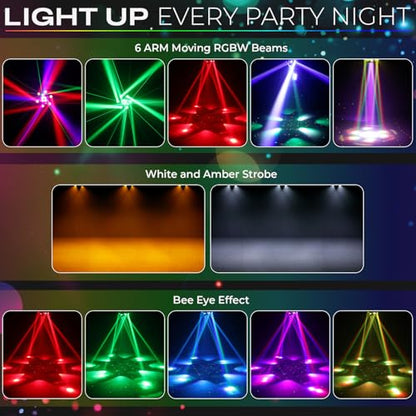 150W 6-Arm Spider Bee-Eye Moving Head LED DJ Light | 4-in-1: 6 moving RGBW beams, 4 center bee-eye wash lights, R/G starry laser, white/amber strobe, sound active, 24CH DMX