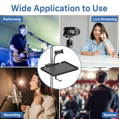 Functional Microphone Stand Tray with Adjustable Mic Stand Phone Holder - 8.7"x6.5" Mic Stand Tray Shelf Clamp-On Music Stand Accessory for Live Streaming Karaoke Recording - size: Plastic Small Tray