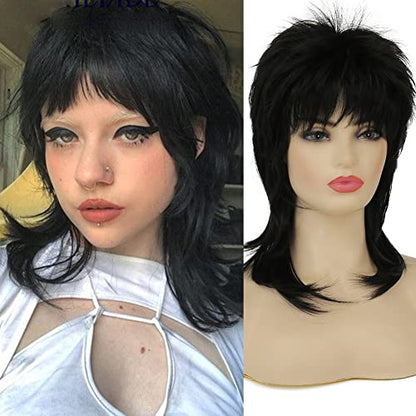 Mullet Wig for Women Black Shoulder Length Shaggy Layered Wig Curly 80s Wigs Heat Resistant Cosplay Daily Hair Wigs (Black) - color: Black
