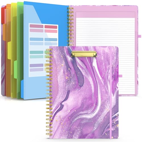 Sooez Spiral Clipboard Folio, Clipboards with Storage, Refillable Notepad | Clipboard Folder with 10 Storage Pockets for Letter Size, Spiral Clipboard Notebook, Cute Portfolio for School Office Nursing - color: Abstract - Purple