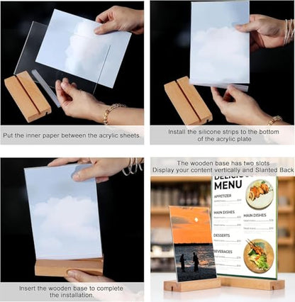 newnewshow 5"x7" Acrylic Sign Holder with Wood Base Wood Sign Holder Vertical or Slant Back Display for Store Office Wedding (3pack)