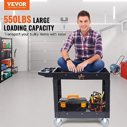 VEVOR Utility Service Cart, 2 Shelf 550LBS Heavy Duty Plastic Rolling Utility Cart, Medium Lipped Shelf, 360° Swivel Wheels, Ergonomic Storage Handle for Warehouse Garage, Black | Heavy Duty Rolling Cart with 360° Swivel Wheels, Medium Lipped Shelf, Ergon