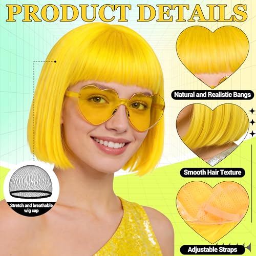 Short Bob Straight Hair Wigs with Bangs, Heat Resistant Fiber Hair, Heart-shaped Glasses for Women (Yelow) - color: Yelow
