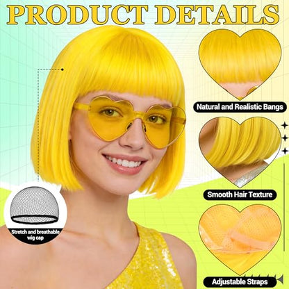 Short Bob Straight Hair Wigs with Bangs, Heat Resistant Fiber Hair, Heart-shaped Glasses for Women (Yelow) - color: Yelow