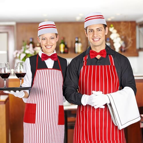 10 Pcs 1950s Waiter Costume Kit Including Chef Hat Apron Bow Tie Gloves for Cosplay Costume Circus Party(Adult Size) - color: Red Stripe B