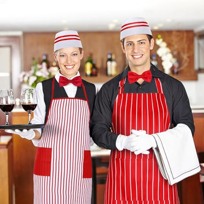 10 Pcs 1950s Waiter Costume Kit Including Chef Hat Apron Bow Tie Gloves for Cosplay Costume Circus Party(Adult Size) - color: Red Stripe B