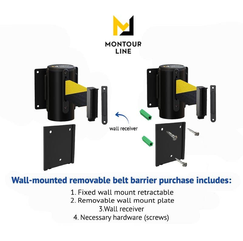 WM115 Wall Mounted Retractable Belt Barrier with Standard Belt End, Removable Mount, Black Casing (8.5 ft Black with "Please Wait HERE" White Letters Belt) - color: Black with "PLEASE WAIT HERE" White Letters, size: 8.5 ft