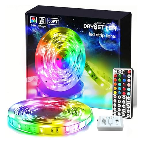DAYBETTER (2rd Gen) SMD 5050 Remote Control Led Strip Lights 50ft Color Changing with 44Keys Remote Controller and 12V Power Supply for Bedroom - size: 50ft