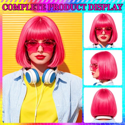 Short Bob Straight Hair Wigs with Bangs, Heat Resistant Fiber Hair, Star-shaped Glasses for Women (Hot Pink) - color: Hot Pink