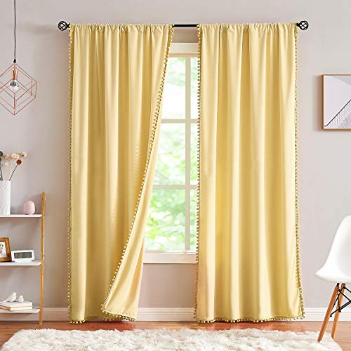 Pom Pom Velvet Curtains for Kid's Bedroom Yellow 42x84" Living Room Drapes - color: Pom Pom- Yellow, size: 42"W x 84"L (Pack of 2)