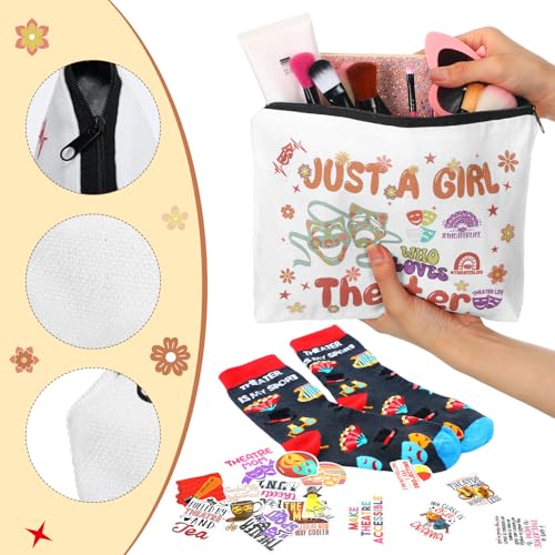 104 Pcs Theater Gifts Set for Women Men Aesthetic Waterproof Stickers Socks Canvas Tote Bag Makeup Bag Keychain for Theaters Lovers Music Actor Actress Theatre Mask Presents Prom Gift