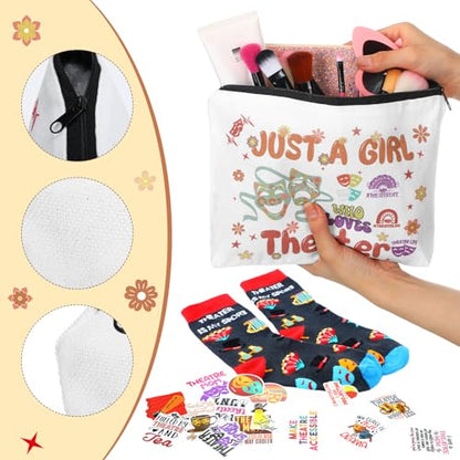 104 Pcs Theater Gifts Set for Women Men Aesthetic Waterproof Stickers Socks Canvas Tote Bag Makeup Bag Keychain for Theaters Lovers Music Actor Actress Theatre Mask Presents Prom Gift