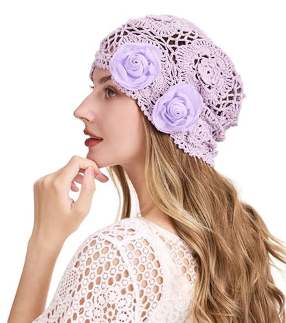 ZLYC Women Cotton Crochet Slouchy Beanie Hat Handmade Knit Summer Skull Cap | Lightweight breathable,boho casual chic look,travel photos festival party,café commute daily wear,beach concert gathering - color: Decorative Flowers Lavender Purple
