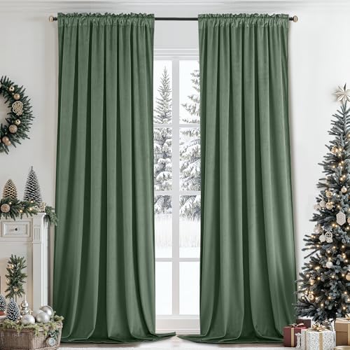 SimpleHome Sage Green Velvet Curtains 84 Inches for Living Room Rod Pocket | Luxury Blackout Velvet Curtains,Thermal Insulated 2 Panels Room Darkening Drapes,Velvet Bedroom Curtains,W52 x L84,2 Panels - color: Sage Green, size: 52"W x 84"L (Pack of 2)