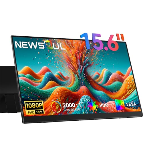 Newsoul Portable Monitor 15.6'' Ultra-Slim Travel Monitor 108%sRGB | 2000:1 Contrast USB C Mini HDMI Plug & Play IPS Monitor Built-in Stand | Speakers External Screen for Laptop Phone Game Console PC - size: 15.6-inch