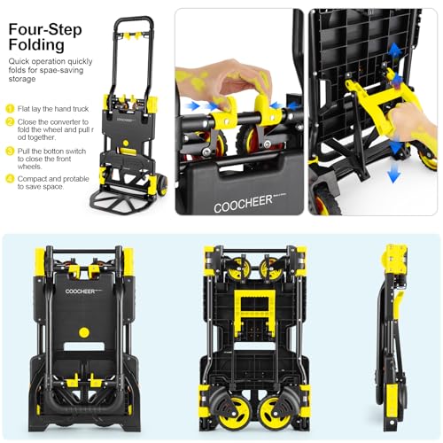 Folding Hand Truck Dolly, 330lb Convertible 4 to 2 Wheel Moving Cart,Yellow | Dolly Cart with Retractable, Aluminum Alloy & Cast Iron Build, Nylon Wheels,Compact Fold,for Moving,Office,Delivery,Outdoor - size: 330LB Yellow