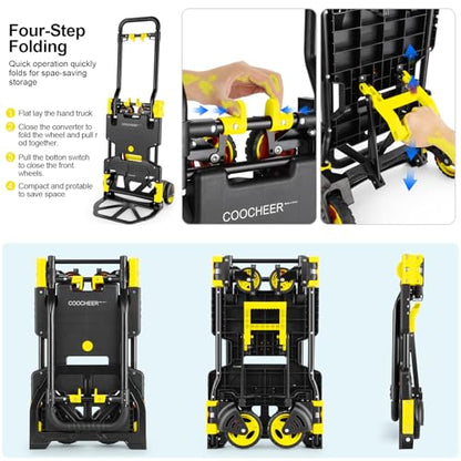 Folding Hand Truck Dolly, 330lb Convertible 4 to 2 Wheel Moving Cart,Yellow | Dolly Cart with Retractable, Aluminum Alloy & Cast Iron Build, Nylon Wheels,Compact Fold,for Moving,Office,Delivery,Outdoor - size: 330LB Yellow