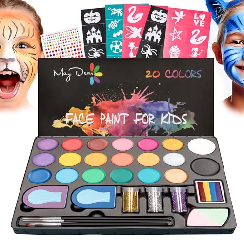 Maydear Face Painting Kit for Kids - 20 Colors Water Based Makeup Palette with Stencils, Glitters, Rainbow Split Cake, Hair Dye Clips, for Parties, Halloween, Safe Professional Body & Face Paint Kit - color: 20 Colors