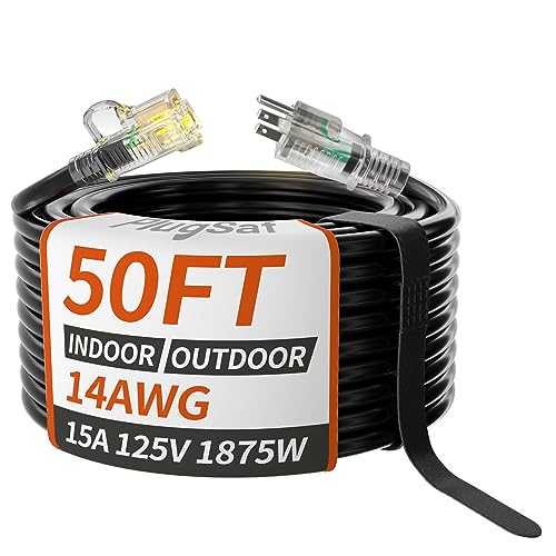 PlugSaf 14/3 Gauge 50 FT Extension Cord Outdoor, Heavy Duty Extension Cord - color: Black, size: 50FT