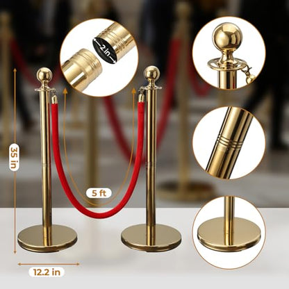 BeBecome Stanchions and Velvet Ropes, Gold Stanchions with 5 ft Red Velvet Rope, 2 Pack Crowd Control Barriers, Fillable Bases, Red Carpet Poles for Weddings