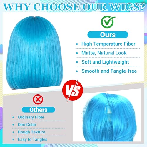 Short Bob Straight Hair Wigs with Bangs, Heat Resistant Fiber Hair, Heart-shaped Glasses for Women (Sky Blue) - color: Sky Blue
