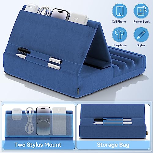 KDD Tablet Pillow Holder, Foldable iPad Stand for Lap, Bed and Desk -Tablet Soft Pad Dock with Pocket & Stylus Mount Compatible with iPad Pro 12.9, 10.5, 9.7 Air Mini 6 5 4 3, Galaxy Tab,E-Reader - color: Blue