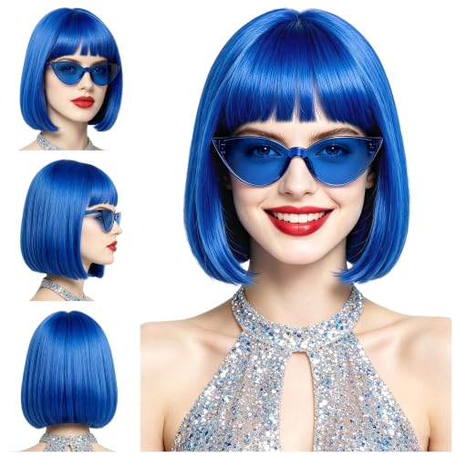 Short Bob Straight Hair Wigs with Bangs, Synthetic Fiber Colorful Hair, Cat Eye Glasses for Women (Blue) - color: Blue