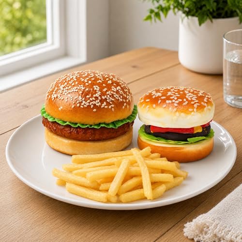 Peohud 2 Pack Artificial Hamburger and 30 Pcs Artificial French Fries, Realistic Fake Food for Display, Faux Beef Burger for Photography Props, Home Kitchen Party Decoration