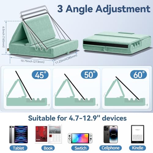 KDD Tablet Pillow Holder, Foldable iPad Stand for Lap, Bed and Desk -Tablet Soft Pad Dock with Pocket & Stylus Mount Compatible with iPad Pro 12.9, 10.5, 9.7 Air Mini 6 5 4 3, E-Reader - color: Green