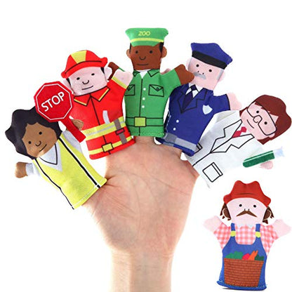 BETTERLINE Happy Helpers Finger Puppets 12 Piece Set Teach Learn Pack | 12 Pack Variety Neighborhood People Characters Bonus E Book Families Children Kindergarten Play ESL Interactive - color: Happy Helpers 12 Pieces Finger Puppets
