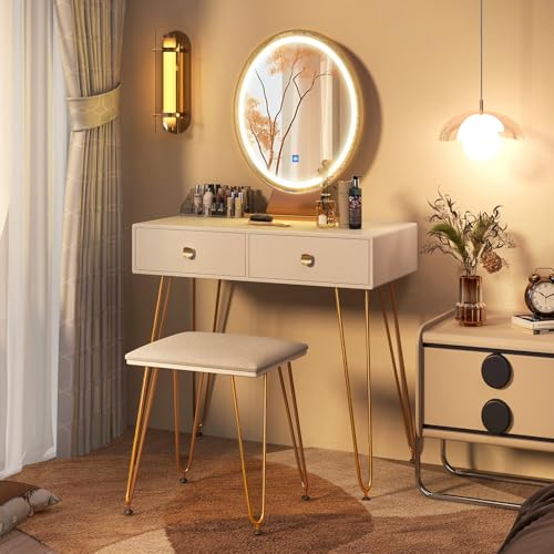 CHARMAID Makeup Vanity Table with Lighted Mirror, Vanity Desk with 2 Large Drawers, Adjustable 3 Lighting Modes, Modern Girls Bedroom Vanity Table with Chair for Small Spaces, White & Gold - color: White, style: 2 Drawers & Acrylic Storage Box