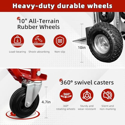 Aluminum 4 in 1 Convertible Hand Truck Dolly, 1000Lbs Capacity, Heavy Duty Folding Hand Truck Dolly Cart with Wheels 10" All-Terrain Tires, Hand Trucks for Logistics, Home, Office, School, Red - color: Red