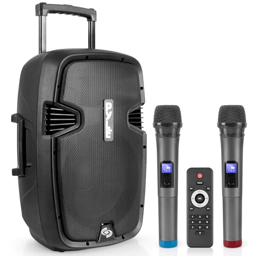 Pyle Portable Bluetooth PA Speaker System - 1000W Wireless Karaoke Loudspeaker with 12” Subwoofer, USB/SD/MP3/FM - Includes Dual UHF Mics, Remote, Rolling Wheels - Ideal for Parties, Events, Outdoors - color: Black