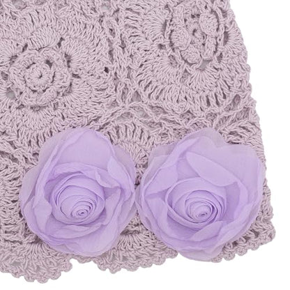 ZLYC Women Cotton Crochet Slouchy Beanie Hat Handmade Knit Summer Skull Cap | Lightweight breathable,boho casual chic look,travel photos festival party,café commute daily wear,beach concert gathering - color: Decorative Flowers Lavender Purple