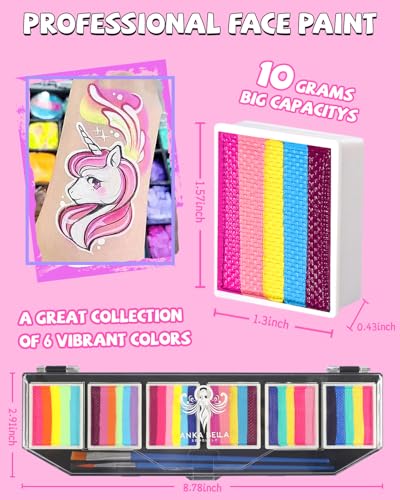 Anka Bella 60gm Water Activated Split Cake Face Paint,Professional Washable Non Toxic Face Painting Kit for Kids & Adults,Gift for Halloween Birthday Parties/Carnival - color: 6 Bright Color Paint
