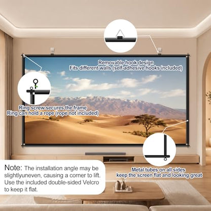 100 inch Fixed Frame Projector Screen, Outdoor Indoor Movie Projector Screen, Wrinkle-Free Large Hanging Projection Screen for Room Wall, Theater, Camping, Backyard, 4K HD 16:9