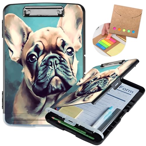 Clipboard with Storage,Heavy Duty Plastic Storage Clipboard with Low Profile Clip,Teacher Must Haves,Office Supplies,French Bulldog - color: French Bulldog, size: Clipboard B