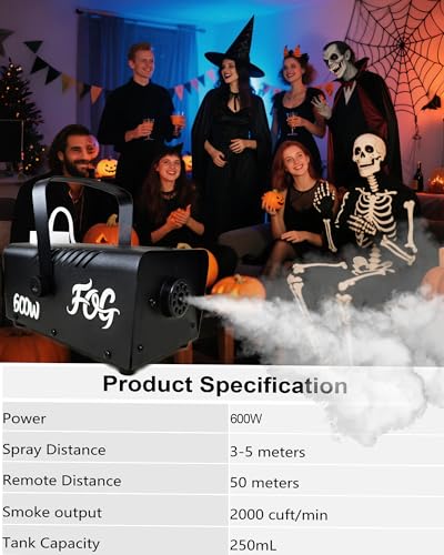 Fog Machine, Smoke Machine with Wireless&Wired Remote Control for Parties Halloween Wedding and Stage Effect, 600W