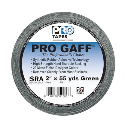 2" Pro Gaff Gaffers Tape 55 yards length green matte. Premium Heavy-Duty Gaffers Tape trusted by professional Gaffers. Made in the USA. Holds Tight, Easy to remove. (Pack of 24)