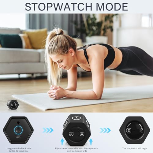 Rotating Productivity Timer 5, 25, 10 30,60 Mins Preset Stopwatch, Desk Flip ProductivityTimer, ADHD Tool Hexagon, Vibration/Mute/Alarm, for Work, Study, Back to School, Kitchen, Black - color: Black