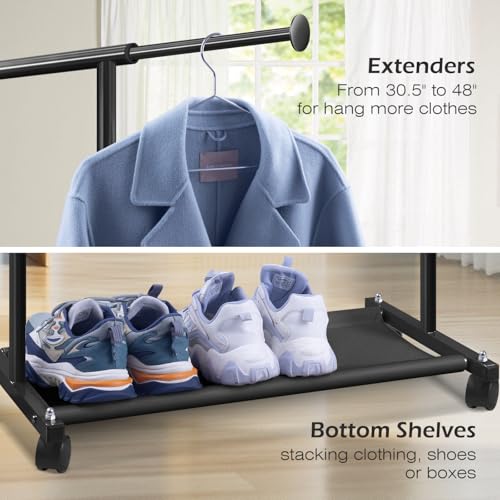 MISSLO Short Clothing Racks for Hanging Clothes with Bottom Shelves and Wheels Heavy Duty Rolling Clothes Rack Kids Clothing Rack for Adult Coat, Closet, Wardrobe (Black) - color: Black
