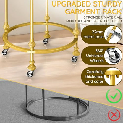 Rolling Round Garment Rack, Gold Clothing Rack with Wheels and Topper | Freestanding Double Space Retail Clothing Rack, Heavy Duty Commercial Boutique Display Rack for Retail Bedroom (Gold) - color: Gold