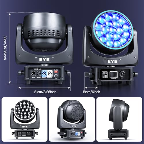 Zoom Moving Head DJ Light 19x25W RGBW Bee Eye LED Stage Lights Beam Wash Halo 8000K DMX 512/Sound/RDM Professional DJ Lighting for Party Live Show Wedding