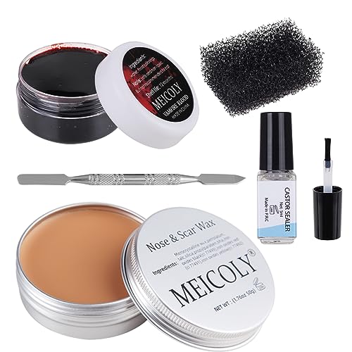 MEICOLY 5 Pcs Scars Wax SFX Special Effects Makeup Kit,Halloween Fake Blood,Face Putty Wound Modeling Wax(1.67Oz) with Spatula, Stipple Sponge, Scab Coagulated Blood Gel(1.06Oz),5ml Castor Sealer - color: Scar Wax Kit