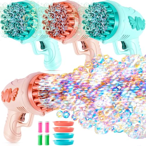 4 Pack Wedding Bubble Guns 32 Holes with Light, Bottles Solution, Romantic Bubble Maker for Outdoor Ceremony, Wedding Party Favors, Photo Props, Reception Entertainment (Green and Pink) - color: Green and Pink